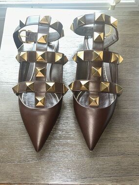 Valentino Roman Stud-Embellished Pointed Toe Strappy Flats in Brown